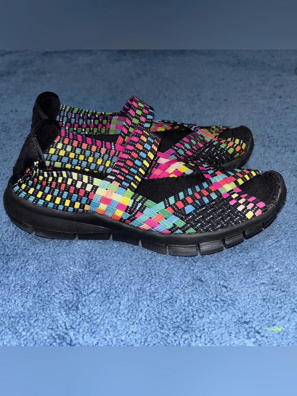 bernie mev. Black Sandals with Neon Multi-Color Woven Straps